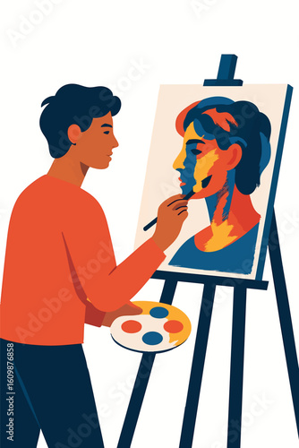 Flat vector person painting their own portrait in powerful colors, self-expression metaphor, isolated on white
