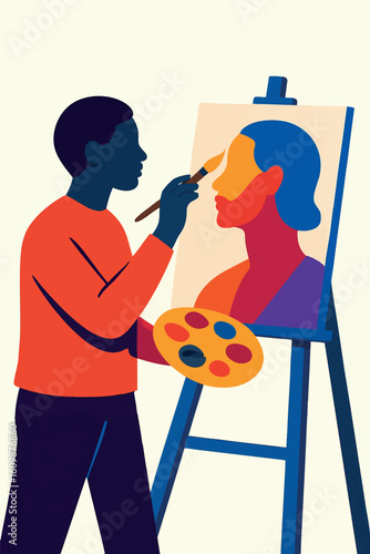 Flat vector person painting their own portrait in powerful colors, self-expression metaphor, isolated on white