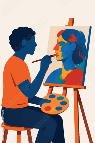 Flat vector person painting their own portrait in powerful colors, self-expression metaphor, isolated on white