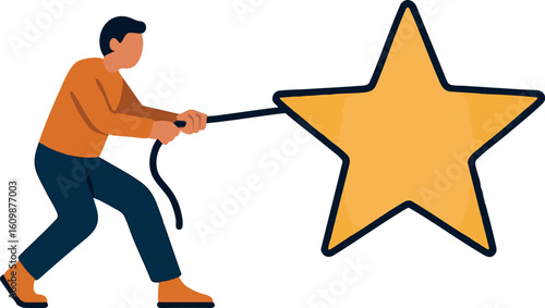 Flat vector person pulling a large star forward, dragging ambition toward self, isolated on white