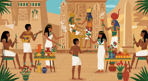 Ancient Egyptian Celebration Scene Featuring Musicians Dancers and Offerings at a Temple Under a Desert Sun Honoring Deities with Hieroglyphs and Sacred Symbols Decorating the Walls