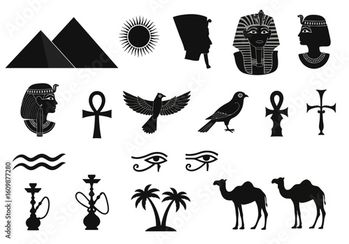 Ancient Egyptian Symbols and Icons Featuring Pyramids Pharaohs Ankh Hieroglyphs Scarab and Camels Illustrating Historical Cultural and Artistic Elements of a Civilization