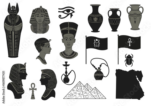Ancient Egyptian Symbols and Icons Representing Pharaohs Pyramids Vases Scarabs Flags Hieroglyphs and Historical Artifacts