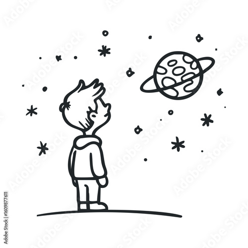 Boy gazing at a distant planet in a starry sky