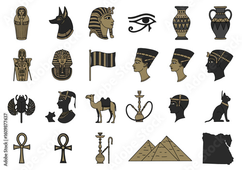 Discover ancient Egyptian symbols, pharaohs, pyramids, and cultural icons for captivating historical designs and educational projects.