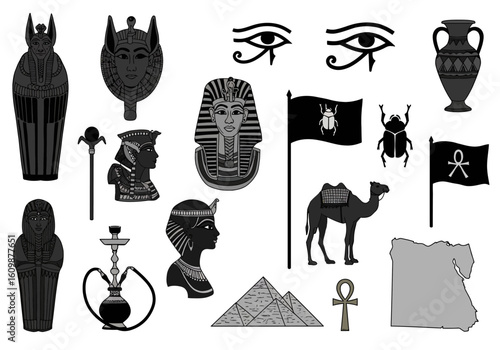 A Collection of Ancient Egyptian Symbols Including Pharaohs Mummies Pyramids Hieroglyphs Scarabs Camel and Ankh Artifacts Representing a Rich Historical and Cultural Heritage