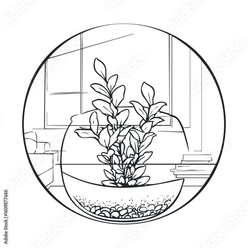 Creative indoor fishbowl with aquatic plants in a cozy setting