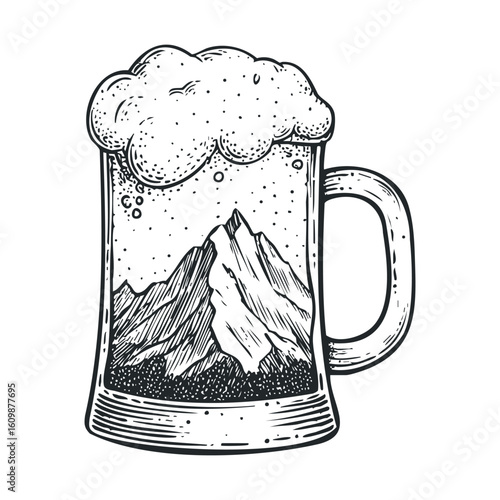Mountain scenery in a beer mug for joyful gatherings