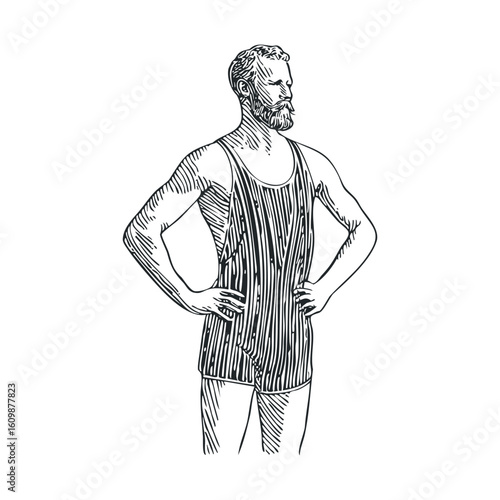 Vintage illustration of a man in a striped swimming suit