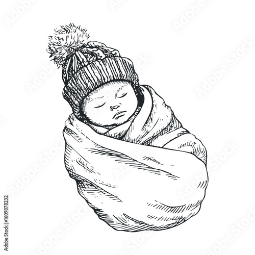 Cozy baby wrapped in blanket wearing knitted hat for winter