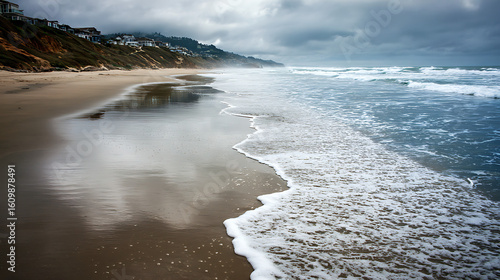 Coastal Scene Cloudy Sky Ocean Waves Rolling onto Sandy Beach Shoreline Homes on Cliffside image