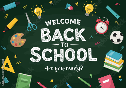 Get ready for an exciting academic year with this vibrant 'Welcome Back to School' design featuring essential learning supplies and inspiring imagery.