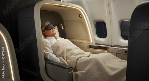 Relaxed Senior in First Class Airplane Seat Sleeping Comfortably with Eye Mask.