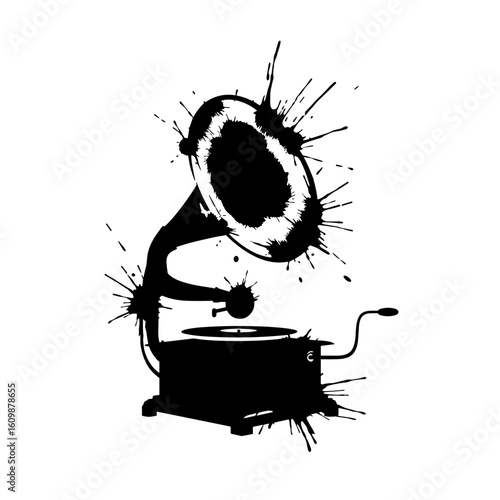 Stylized gramophone silhouette with black ink splashes no background for creative vintage music design