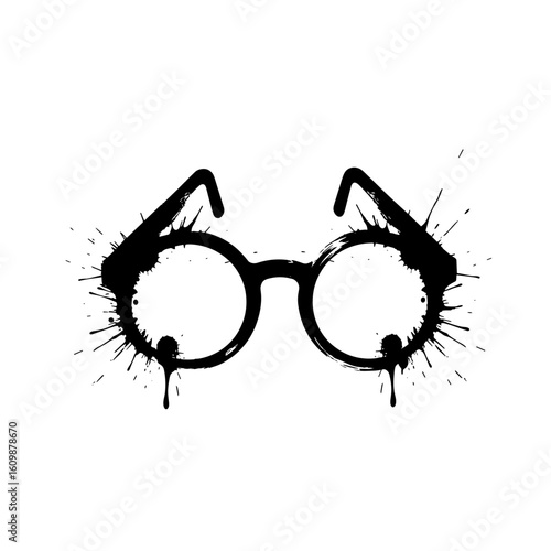 Stylized eyeglasses silhouette with black ink splashes no background for creative fashion design