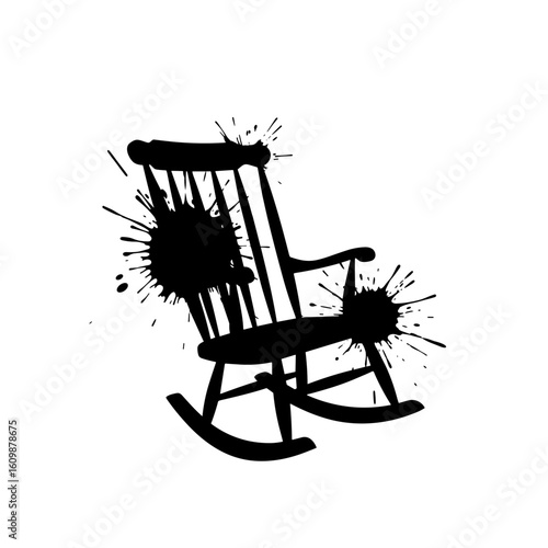 Stylized rocking chair silhouette with black ink splashes no background for creative home design