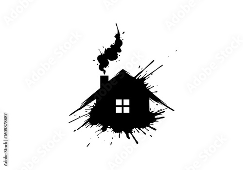Stylized house silhouette with chimney and ink splashes no background for creative home design