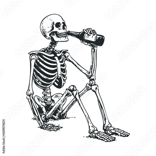 Skeleton relaxing and enjoying a beverage in a whimsical design