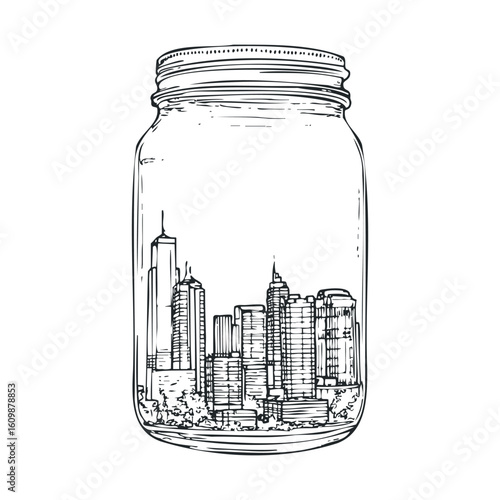 Urban skyline in a jar showcasing city life and creativity