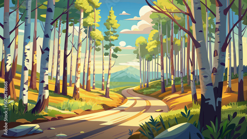 very Beautiful Birch grove with a road on sunny summer day, huge panorama