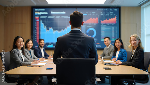 Business team in a modern conference room with a presenter facing a large screen displaying financial data and charts