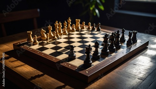 Dramatic Low-Angle Chessboard Game in Shadowy Light