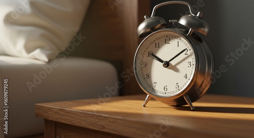 Classic black metal alarm clock on wooden bedside table with shadows, in a cozy bedroom scene
