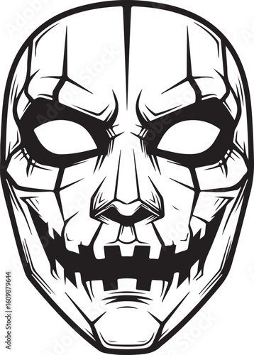 Black and white illustration of a stylized scary mask