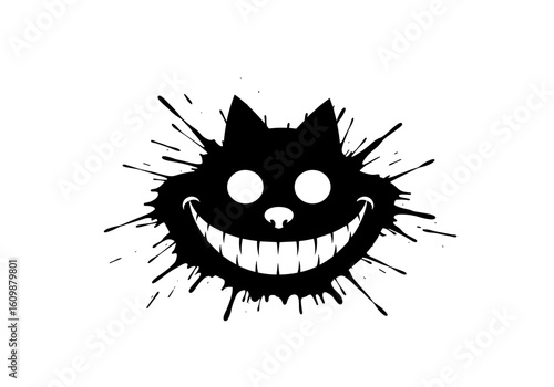 Playful black cat face with mischievous smile and ink splashes 