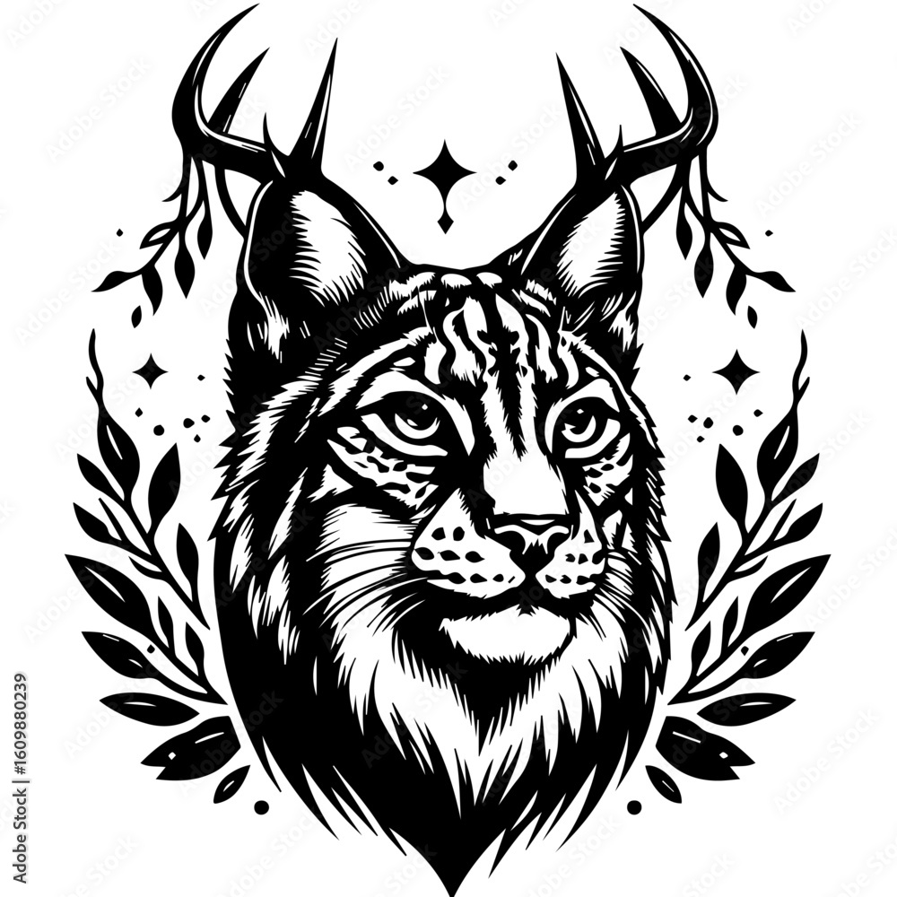 Fototapeta premium Mystical Lynx with Antlers and Floral Embellishments