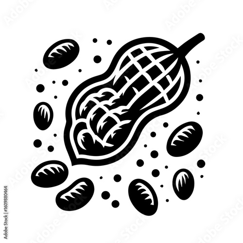 Stylized Black and White Peanut Icon with Scattered Kernels.