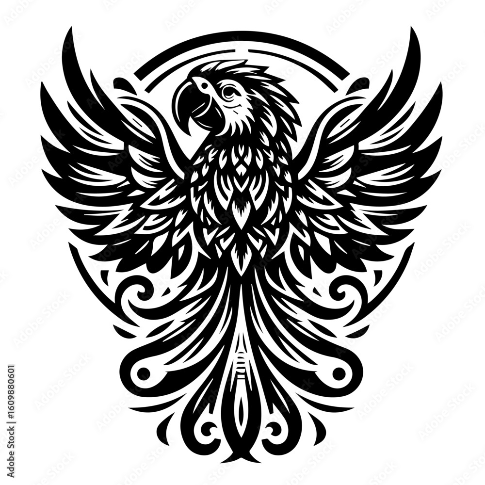 Obraz premium Stylized Black Macaw Parrot Emblem.