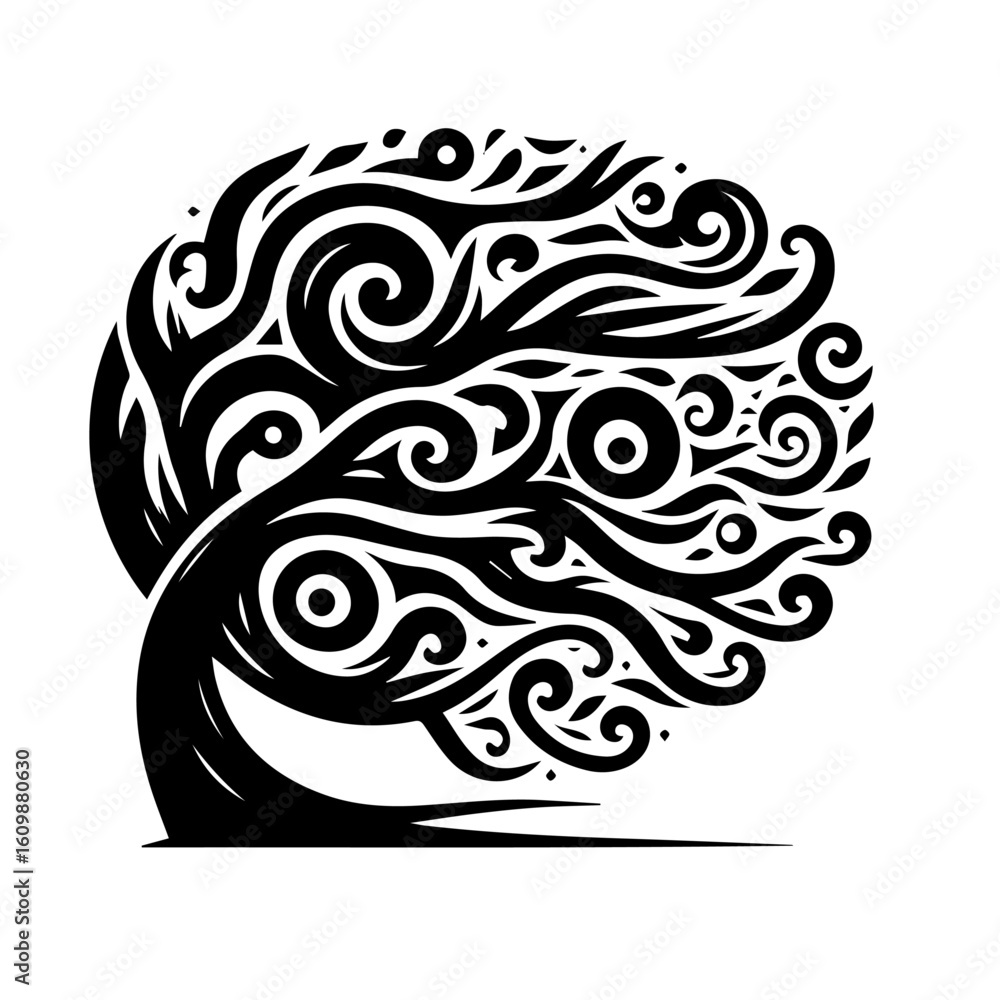 Fototapeta premium Stylized Black Tree Silhouette with Swirling Branches.