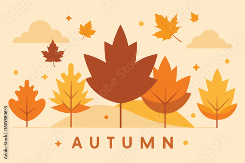 Stylized flat illustration of colorful autumn leaves falling from trees with scattered clouds in a warm earthy color palette representing the season