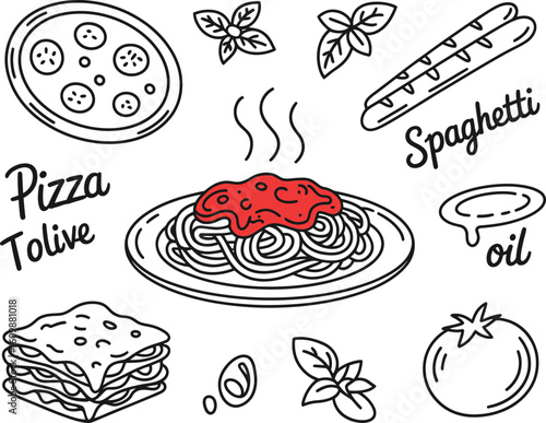 Hand drawn italian food collection featuring pizza spaghetti and lasagna