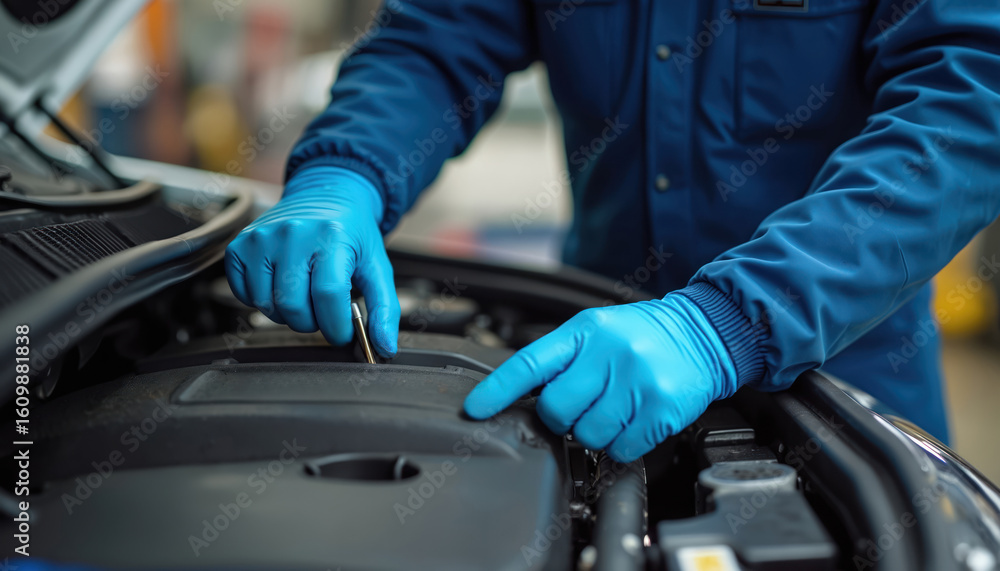 Obraz premium Mechanic in blue uniform and gloves checks car engine oil level. Close-up of hands working on automobile motor. Pro auto service industry, vehicle maintenance, performance testing.