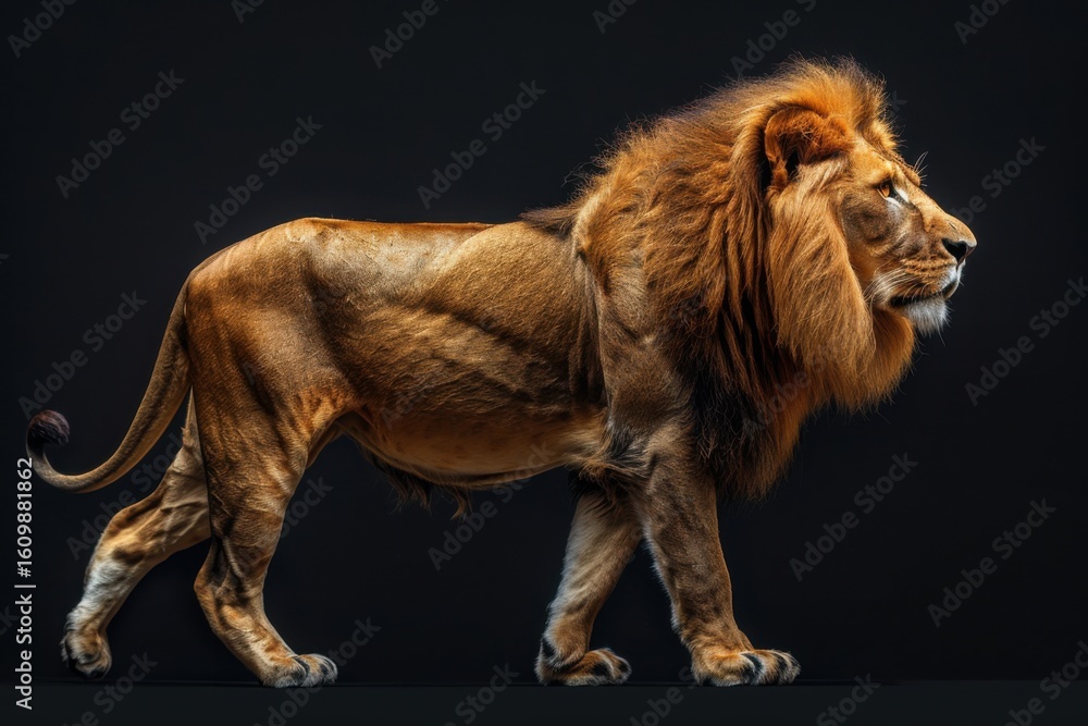 Obraz premium Side view of a Lion walking, looking at the camera,