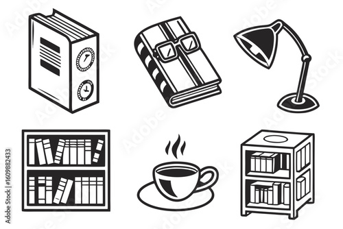 Collection of Books Lamp and Coffee Cup.