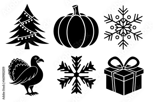 Festive Holiday Icons Christmas Tree Pumpkin Snowflakes Turkey Gift.