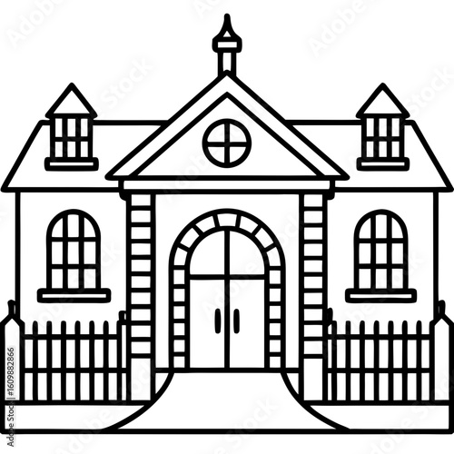 Mansion with gate illustrated in a classic line art style