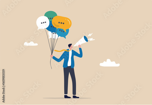 Communication or PR, Public Relations manager to communicate company information and media, announce sales or promotion concept, businessman holding speech bubble balloons while talking on megaphone