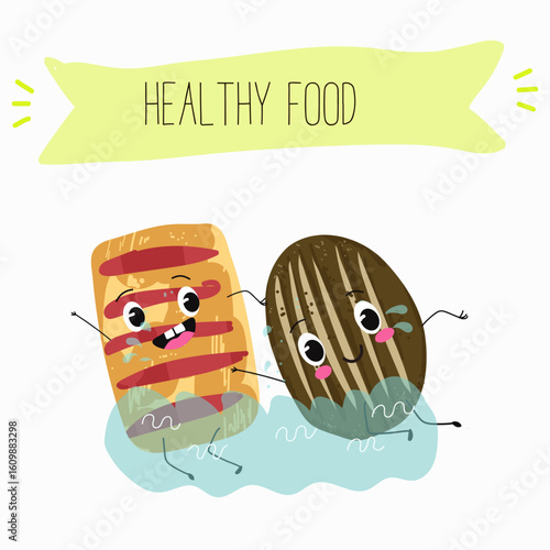 Baked food funny characters, hand drawn vector illustration.