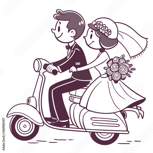 Wedding couple riding scooter just married bride and groom honeymoon trip marriage celebration vector art