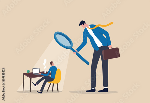 Micromanaging boss, toxic manager monitoring every details, excessive supervision and control of employee work and processes, micromanager boss using magnifying glass keep looking at employee working.