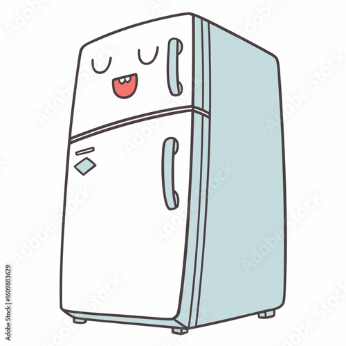 Adorable Happy Refrigerator Cartoon Vector Illustration - Cute Smiling Fridge Character for Kitchen Appliances and Food Storage Concepts

