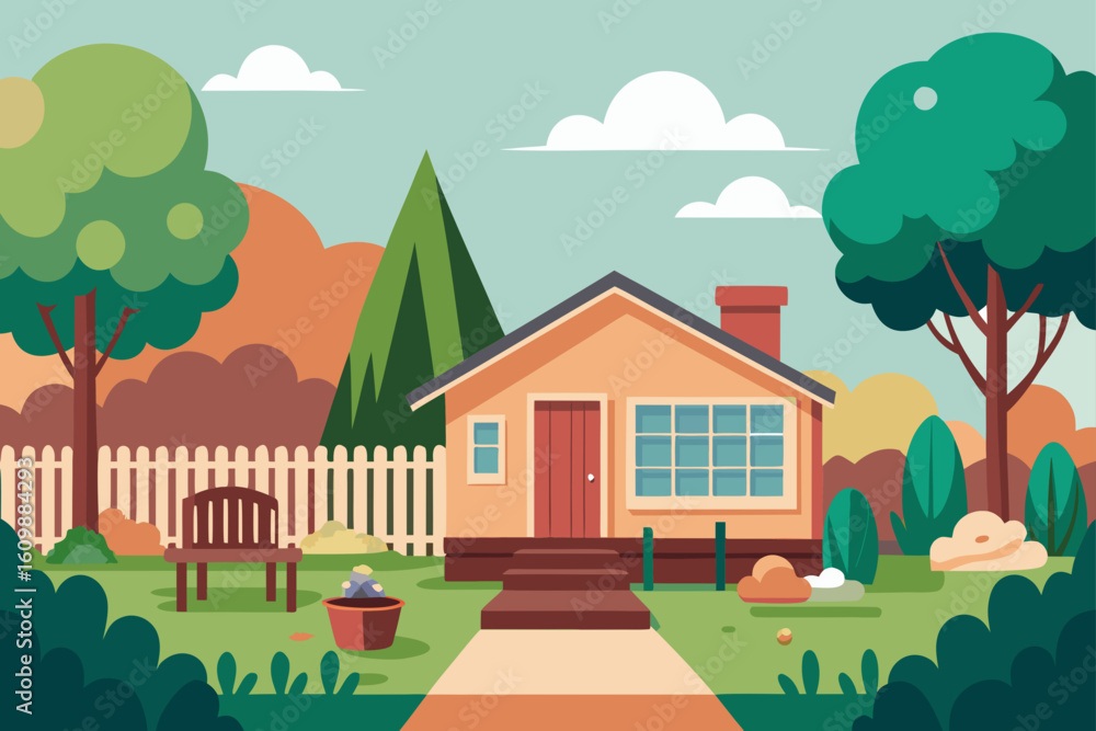 Naklejka premium Country landscape with a charming house, green trees, and a clear sky, perfect for a summer illustration