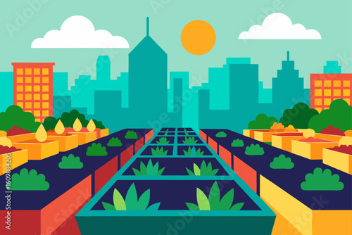 City vector illustration: urban landscape with buildings, roads, and trees under a clear sky, depicting a bustling cityscape