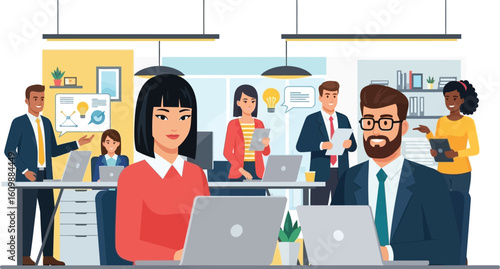 Diverse team working together in a modern office space with laptops and tablets and business attire