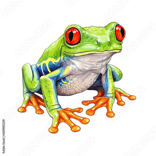 Colorful red-eyed tree frog tropical amphibian illustration with bright red eyes