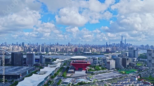 4K real time Aerial view of Shanghai World Expo area on cloudy day.
